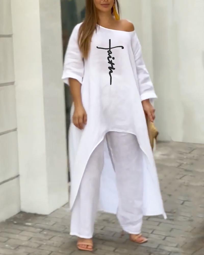 

Faith Print High Low Hem Top & Pants Set, White