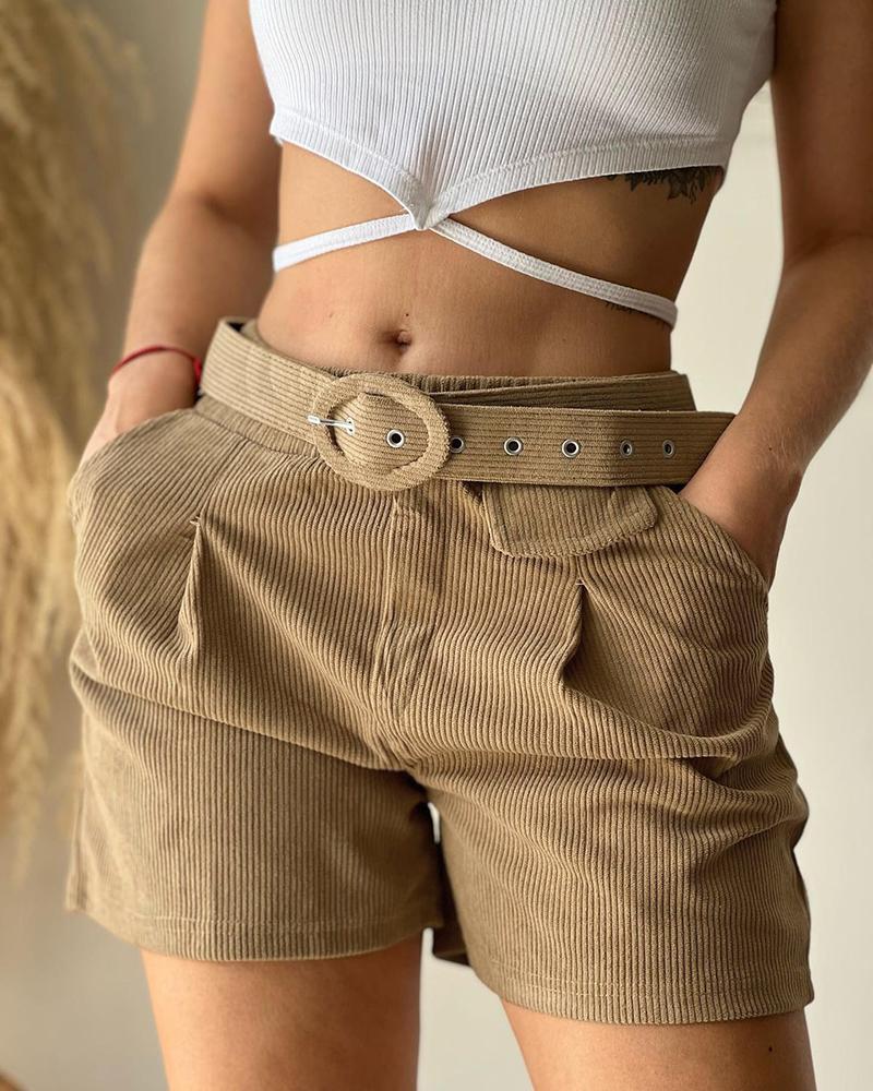 

Corduroy Ruched Pocket Design Shorts With Belt, Khaki