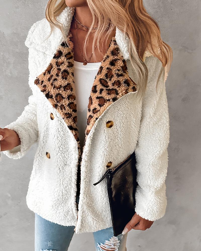 

Contrast Leopard Double Breasted Teddy Coat, White