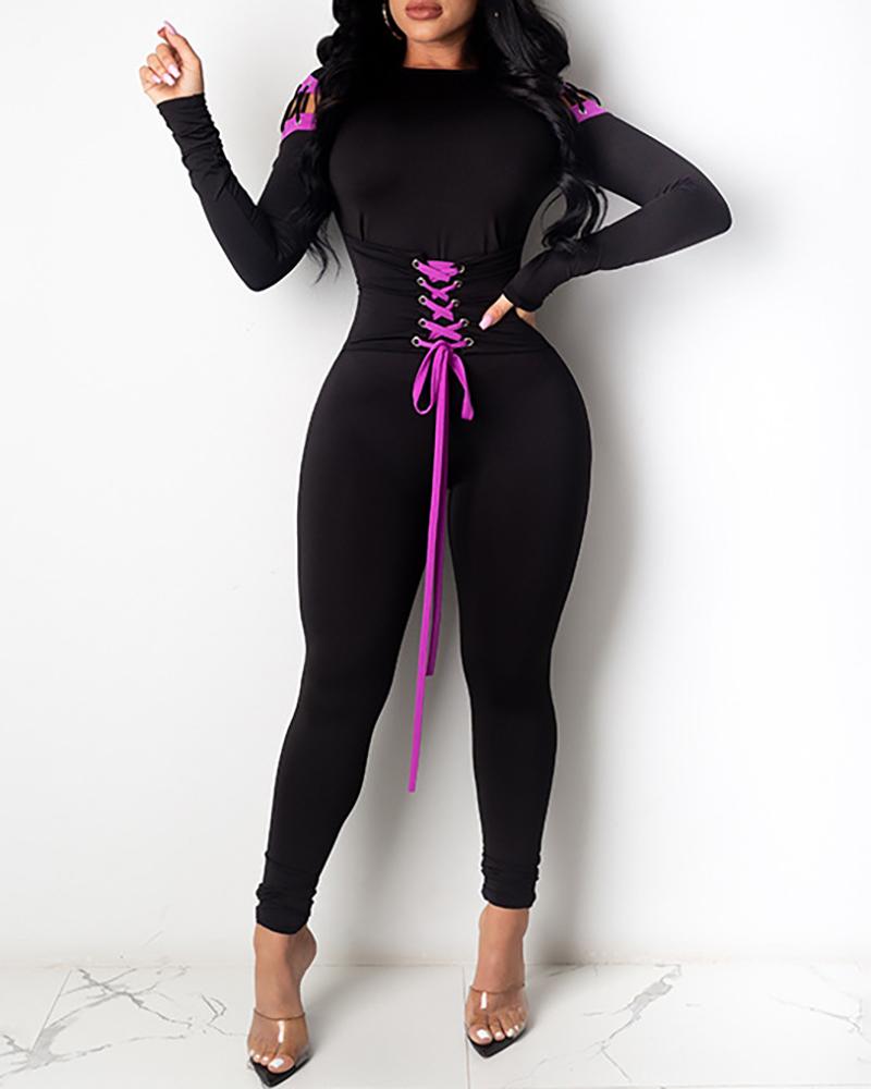 

Eyelet Lace-up Long Sleeve Skinny Jumpsuit, Black
