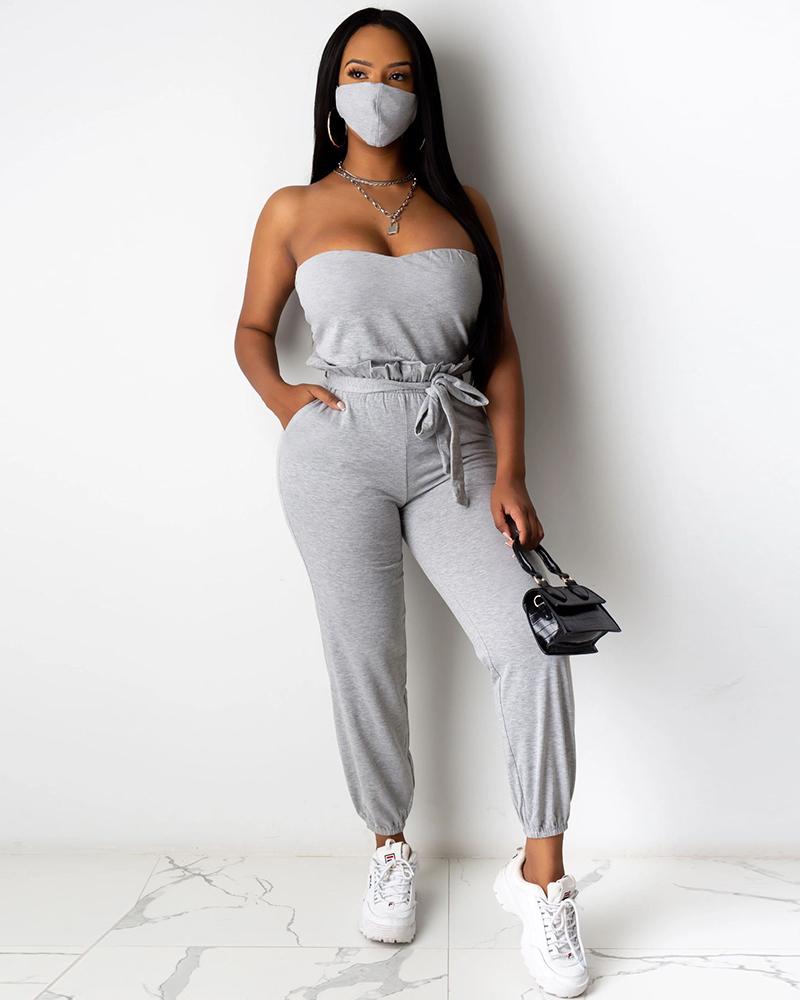 

Bandeau Top With Face Bandana & Frill Hem Pants Set, Gray