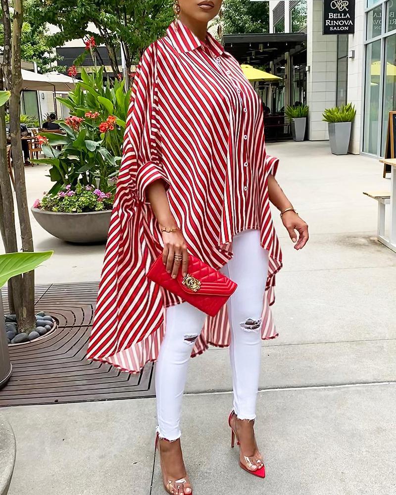 

Striped Colorblock Batwing Sleeve Dip Hem Top, Red