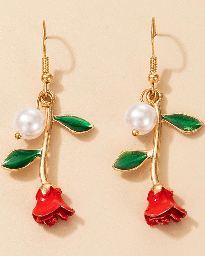 

1Pair Valentine's Day Rose Shaped Pearls Decor Drop Earrings, Red