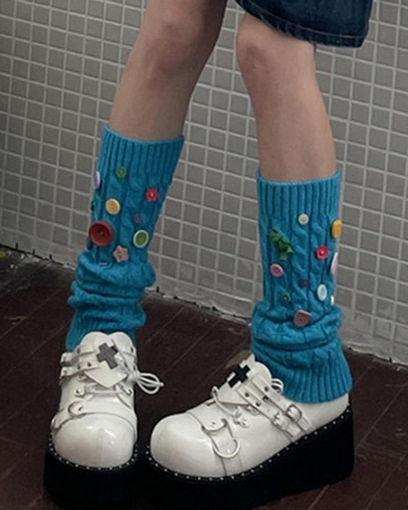 

1Pair Button Decor Knit Leg Warmers, Blue