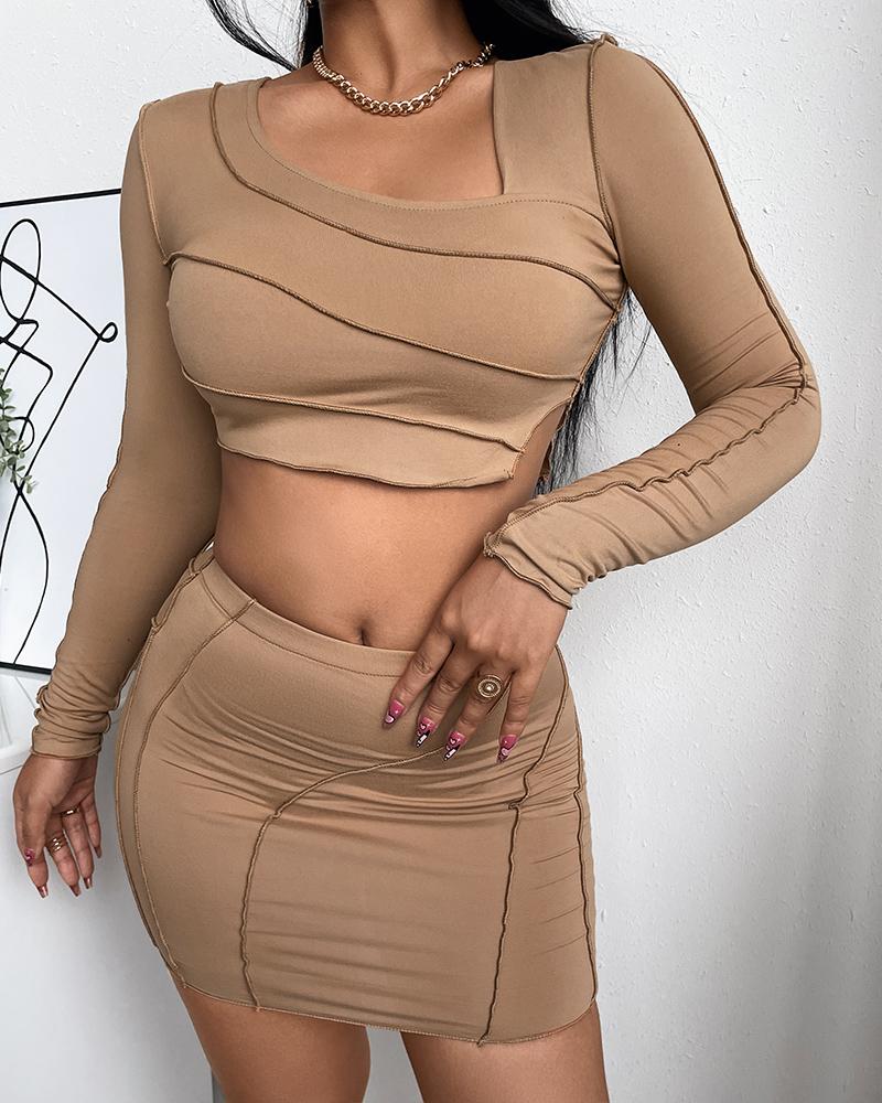 

Asymmetrical Neck Split Hem Crop Top & Skirt Set, Khaki