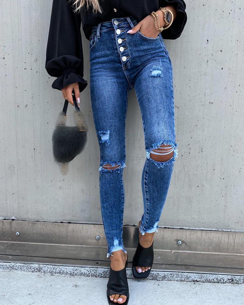 Buy Ripped Cutout Fringe Hem Denim Pants. Picture