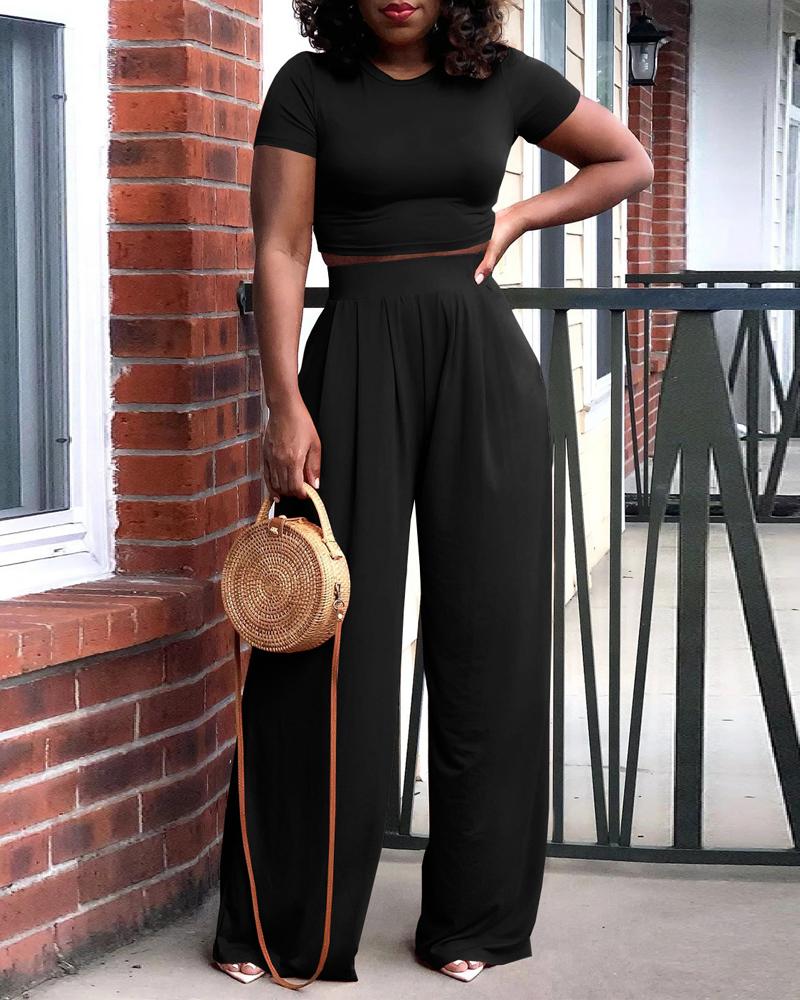 

Plain Crop Top & Wide Leg Pants Set, Black