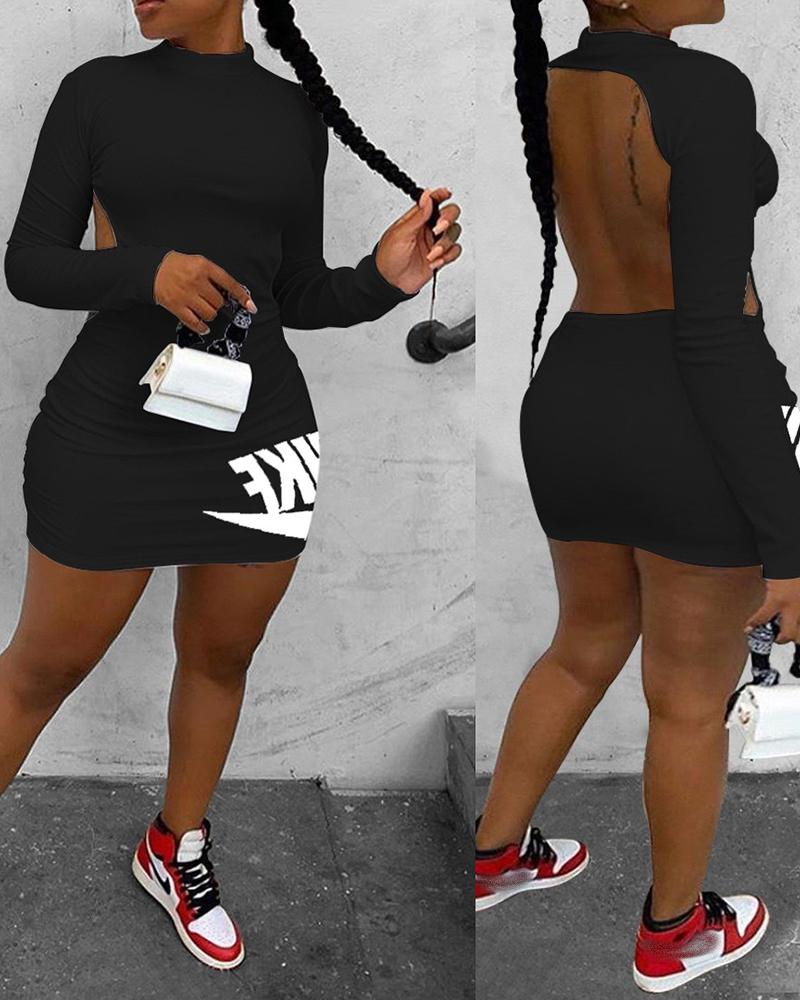 

Letter Print Cutout Backless Long Sleeve Bodycon Dress, Black