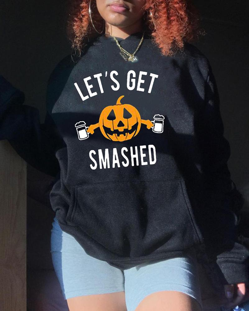 

Halloween Long Sleeve Pumpkin Letter Print Hooded Top, Black