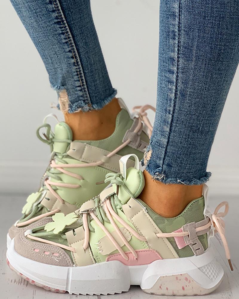 

Floral Pattern Decor Colorblock Lace-up Sneaker, Green