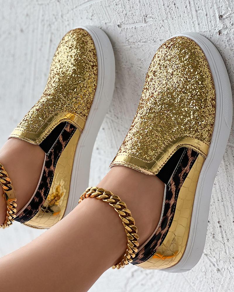 Leopard Print Contrast Sequin Slip-On Sneakers