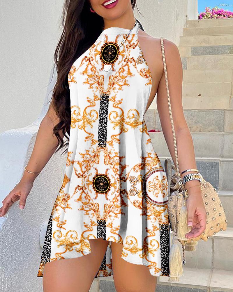 

Baroque Print Backless Swing Dress, White