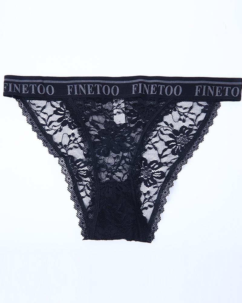 

Letter Strap Crochet Lace Thong Panty, Black