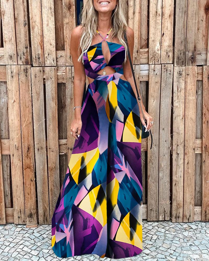 

Geo Pattern Print Cutout Wide Leg Halter Jumpsuit, Multicolor