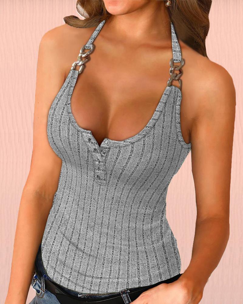 

Halter Buttoned Chain Decor Ribbed Tank Top, Gray