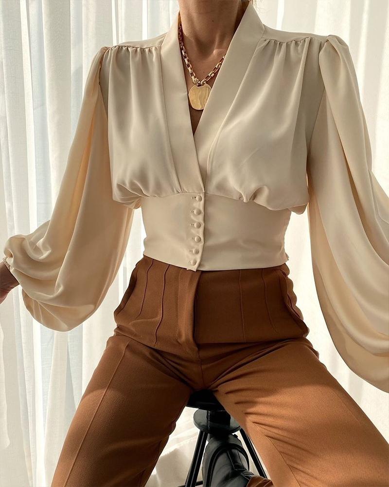

Button Front Puff Lantern Sleeve Top, Champagne