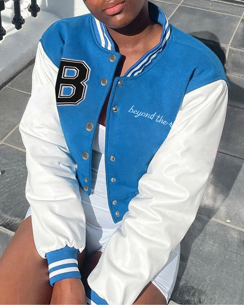 

Embroidery Letter PU Leather Patch Bomber Jacket, Blue