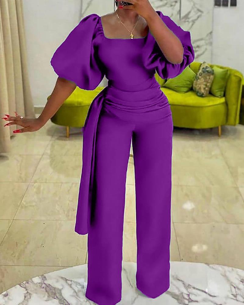 

Puff Sleeve Ruched Tie Decor Wide Leg Jumpsuit, Purple