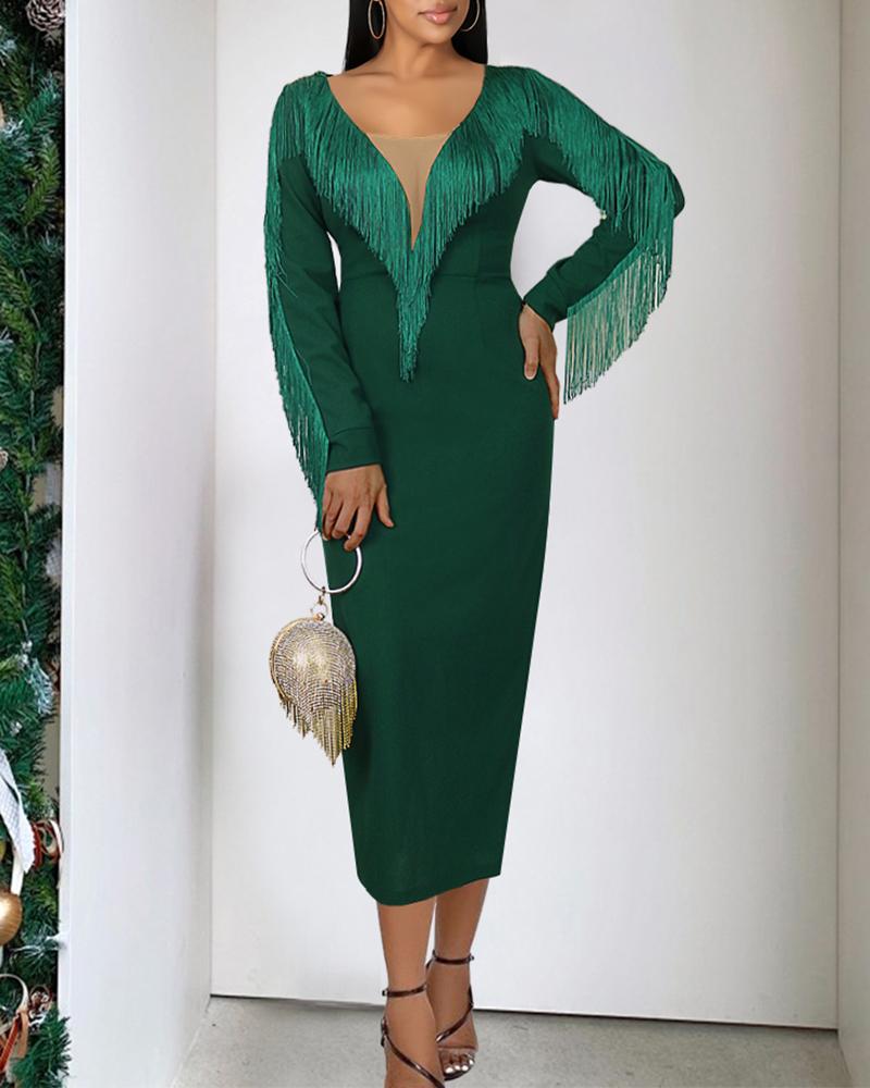 

Sheer Mesh Tassel Design Long Sleeve Party Dress, Green