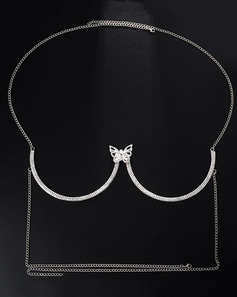 

Rhinestone Halter Butterfly Pattern Bra Body Chain, Silver