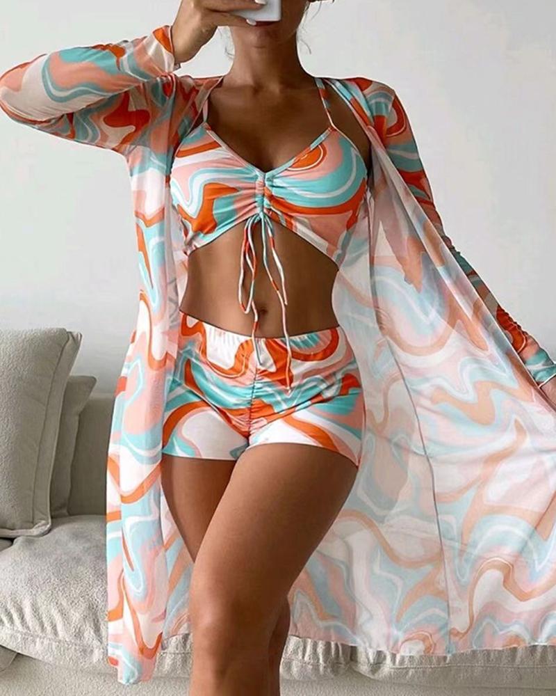 

3PCS Allover Print Drawstring Bikini Set With Cover Up, Orange