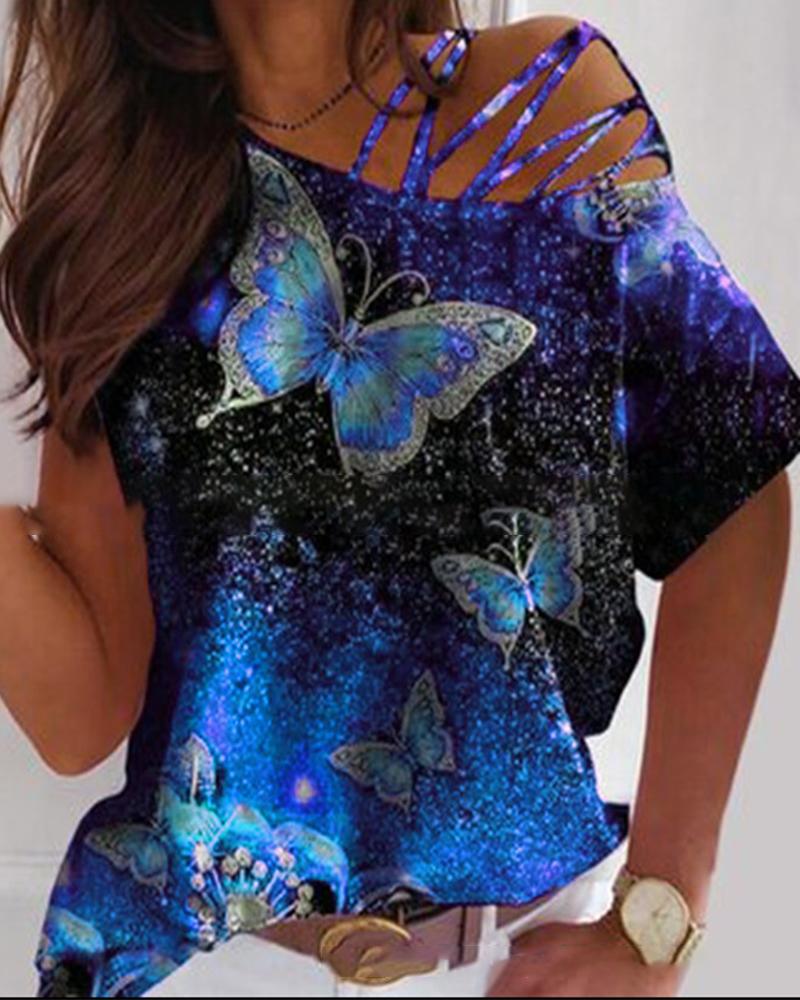 

Butterfly Print Short Sleeve Loose T-shirts, Blue
