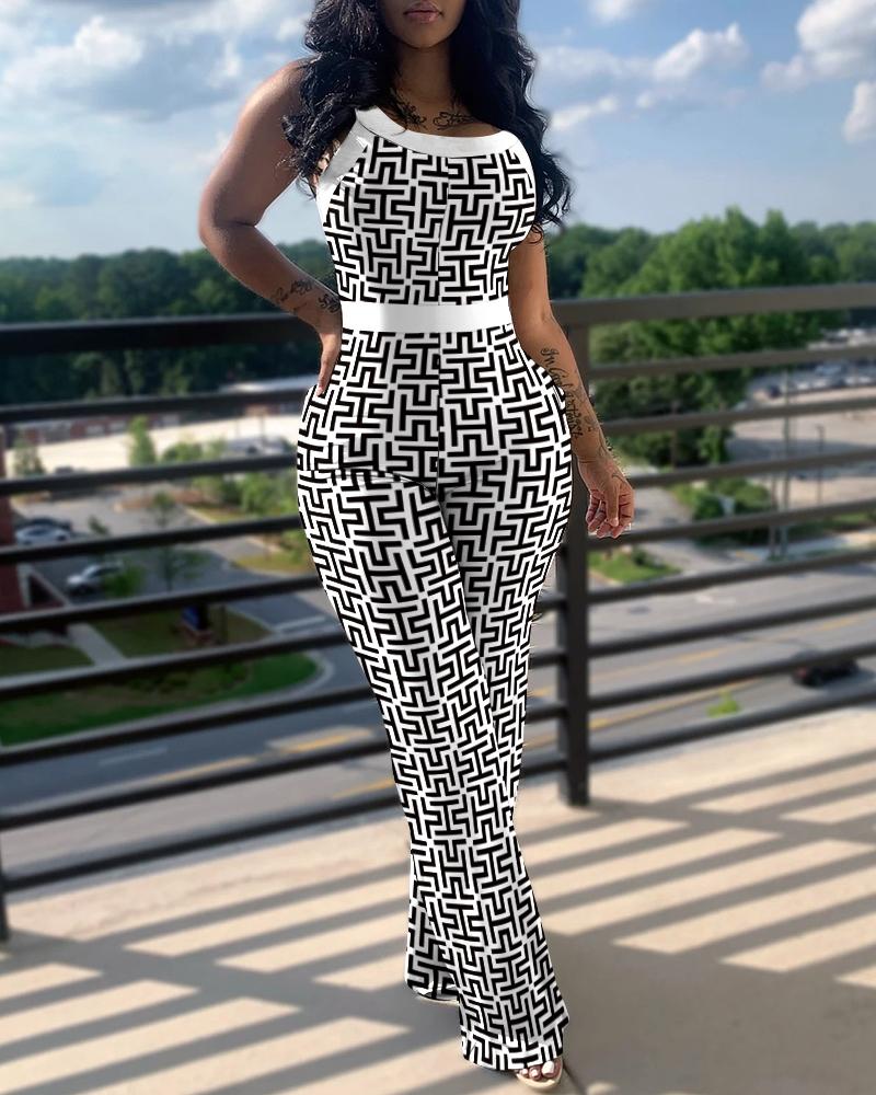

Geometric Print U-Neck Sleeveless Jumpsuit, Blackwhite