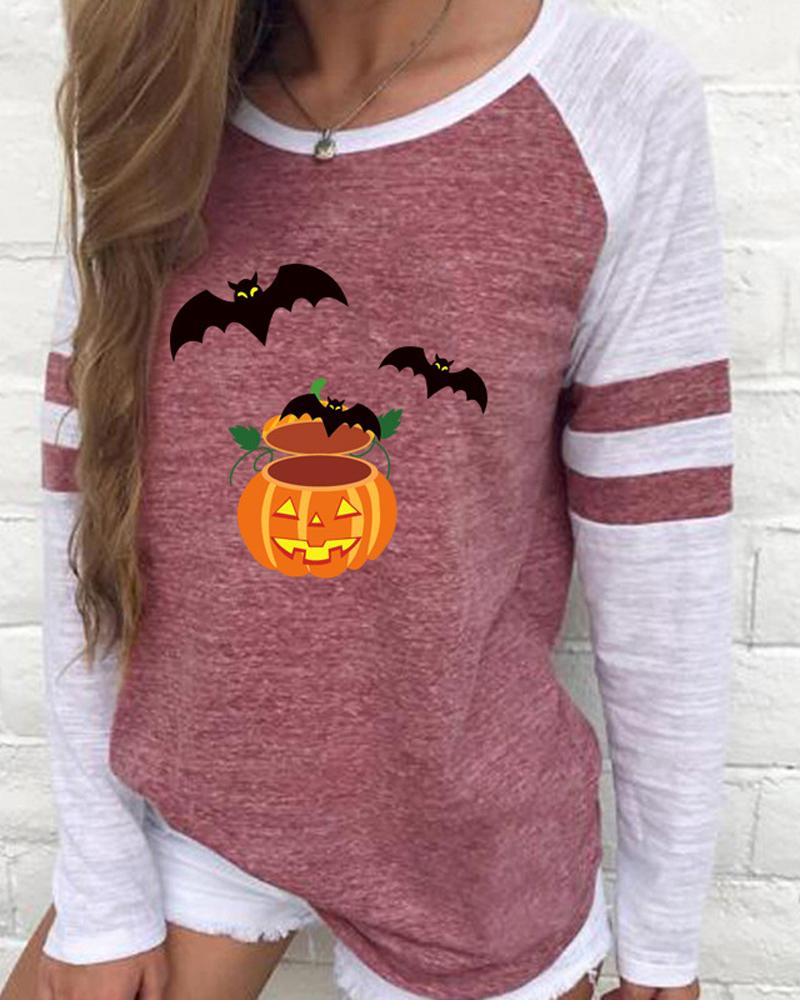 

Halloween Pumpkin Batwing Pattern Colorblock Long Sleeve Top, Red