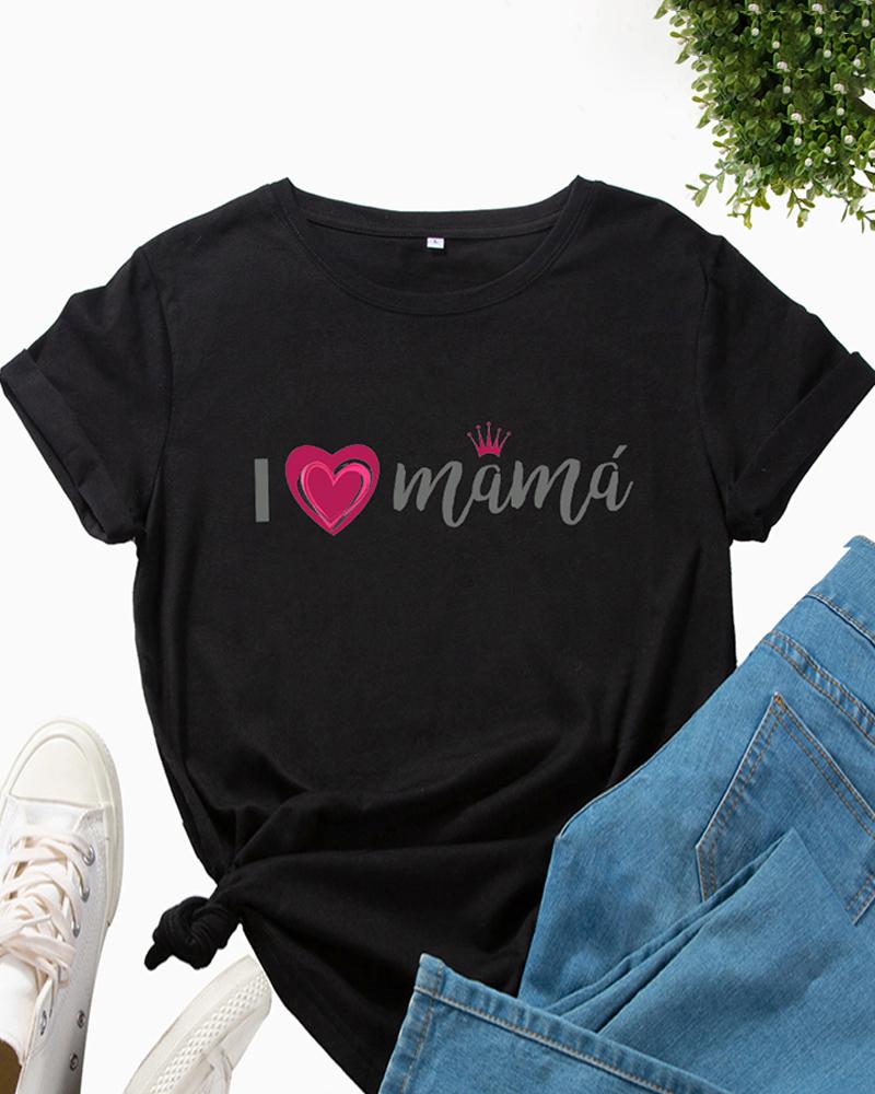 

Mother's Day Round Neck Letter Heart Print T-Shirt, Black