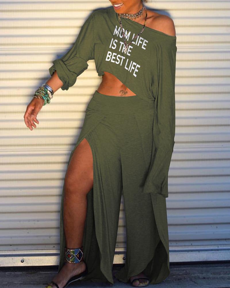 

Mother' Day Letter Print Top & Slit Pants Set, Green