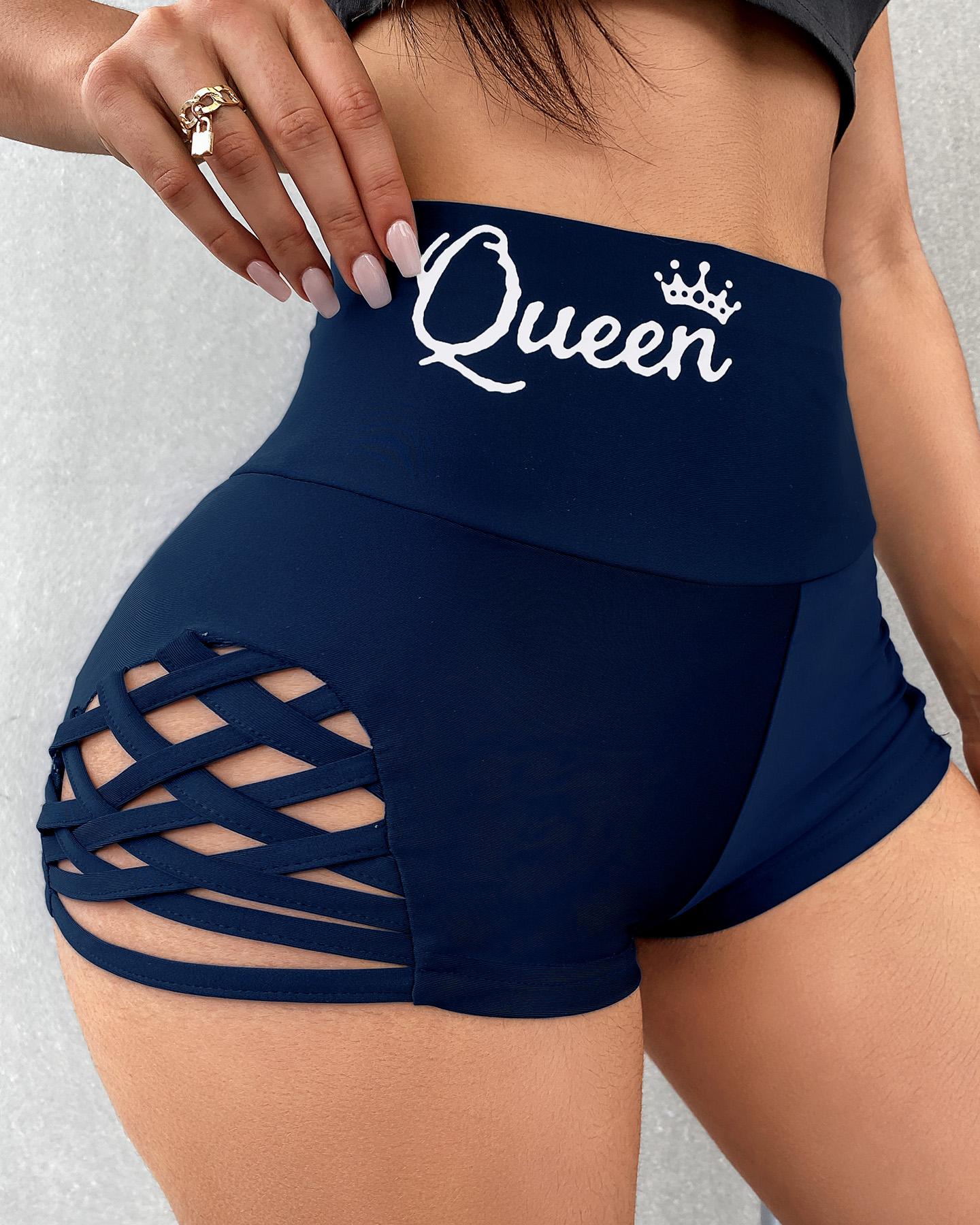 

Letter Print Bandage Cutout High Waist Shorts, Dark blue