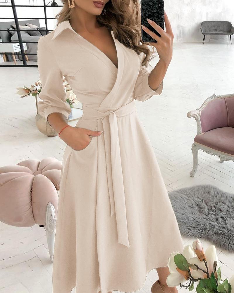 

Wrap Design Plain Long Sleeve Flared Dress, Beige