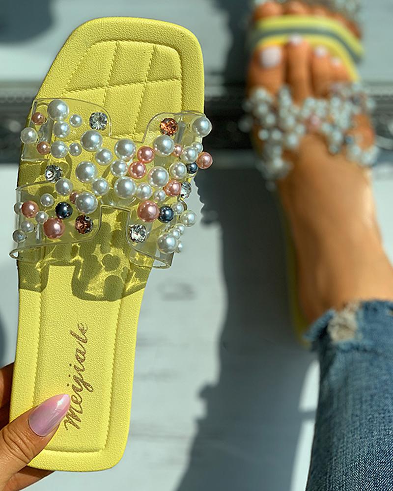 

Beaded Clear Perspex Square Toe Slide Sandals, Yellow