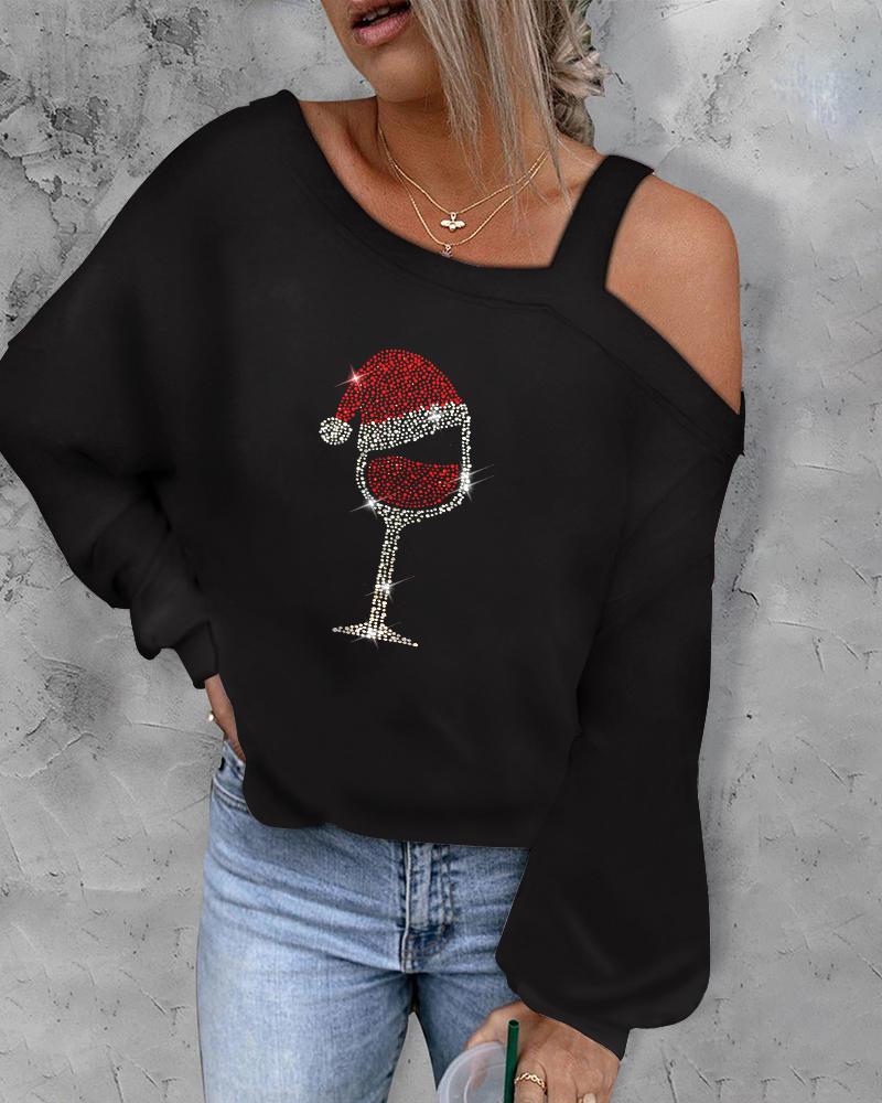 

Christmas Wine Glass Print Cold Shoulder Top, Black