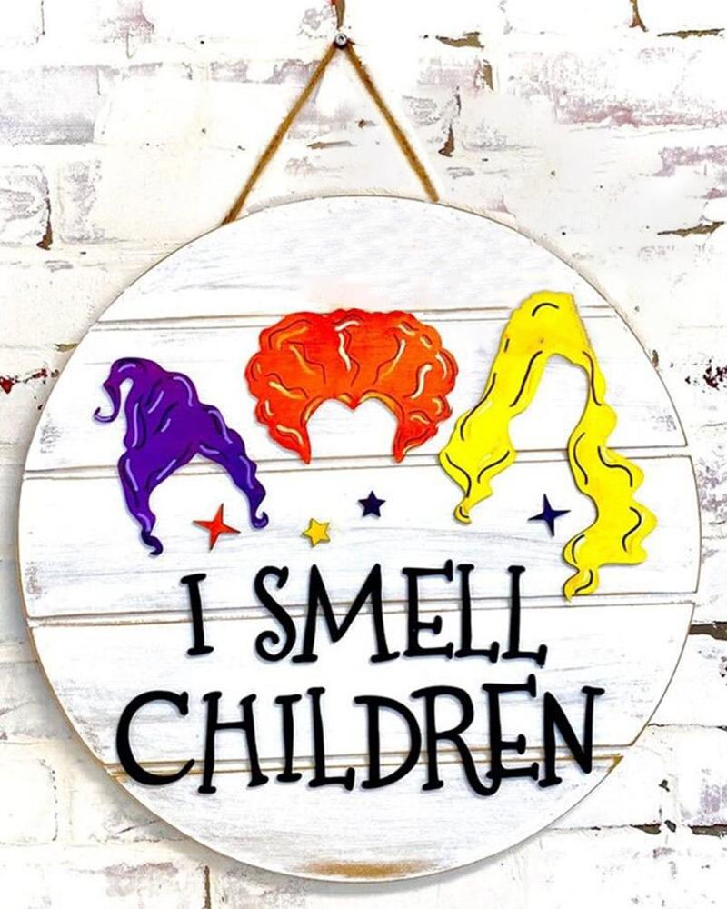 

1pc Halloween I Smell Children Witch Head Hanging Sign Door Ornament, Style1