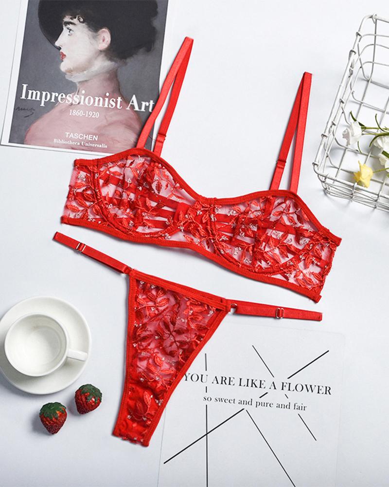 

Sexy See-through Mesh Splicing Floral Embroidery Sling Bra Sets, Red