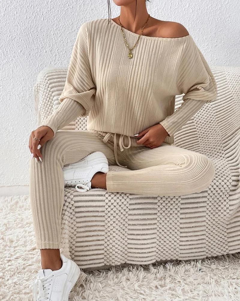 

Skew Neck Ribbed Top & Drawstring Pants Set, Apricot