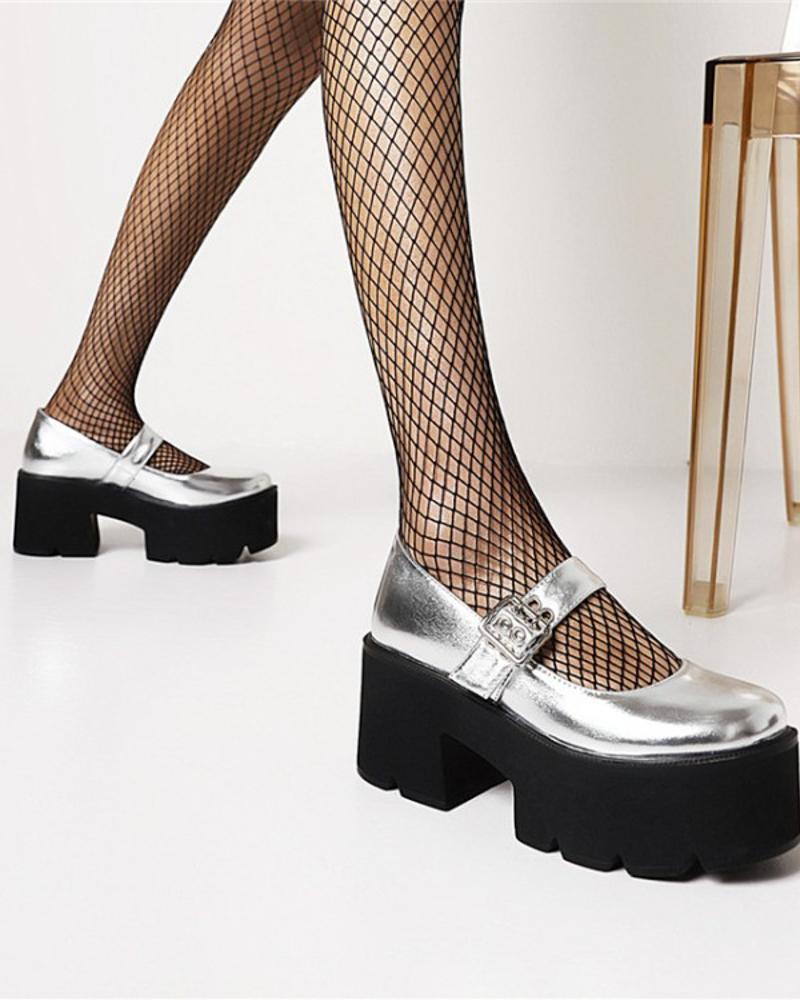 

Chic Ladies Single Strap Round Toe Shiny Finish Platform Shoes, Silver