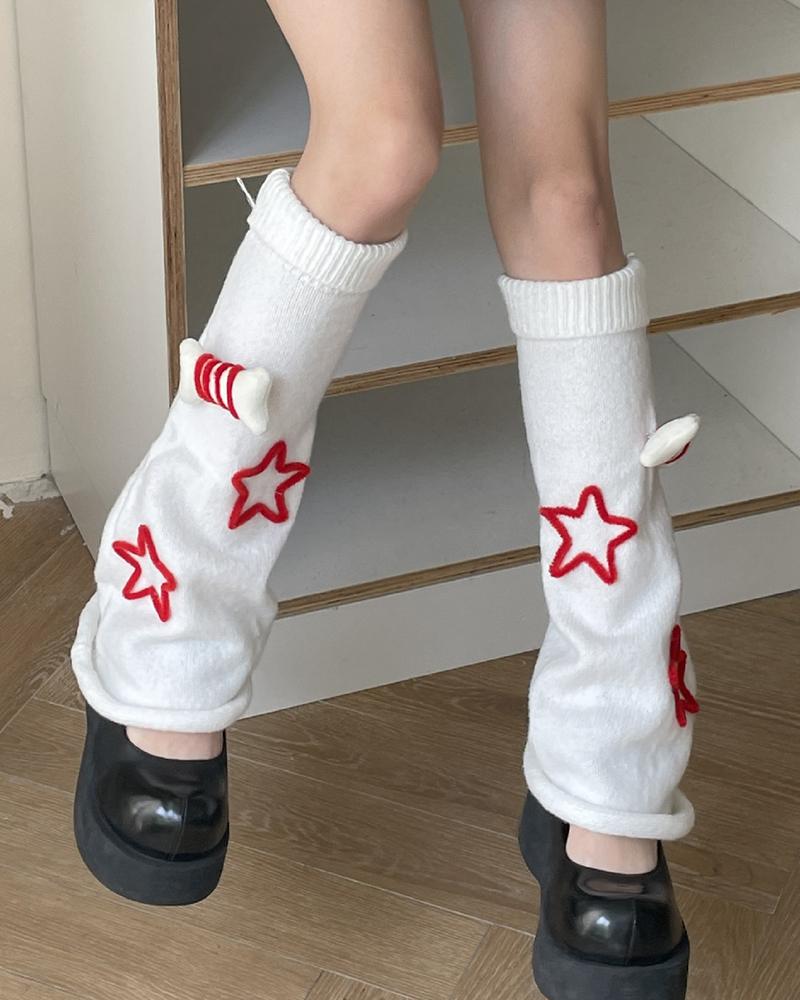 

1Pair Star Print Bone Pattern Leg Warmers, White