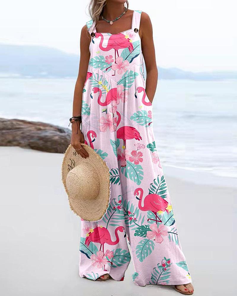 

Flamingo Tropical Floral Print Wide Leg Suspender Jumpsuit, Pink