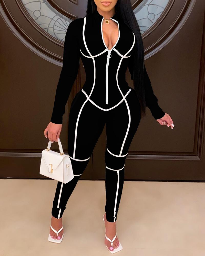 

Long Sleeve Zipper Design Skinny Jumpsuit, Black