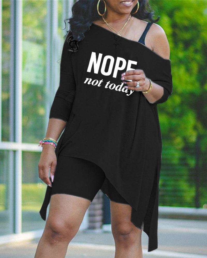 

Letter Print Asymmetrical Top & Shorts Set, Black