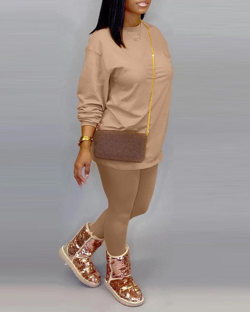 

Plain Long Sleeve Sweatshirt & Skinny Pants Set, Khaki