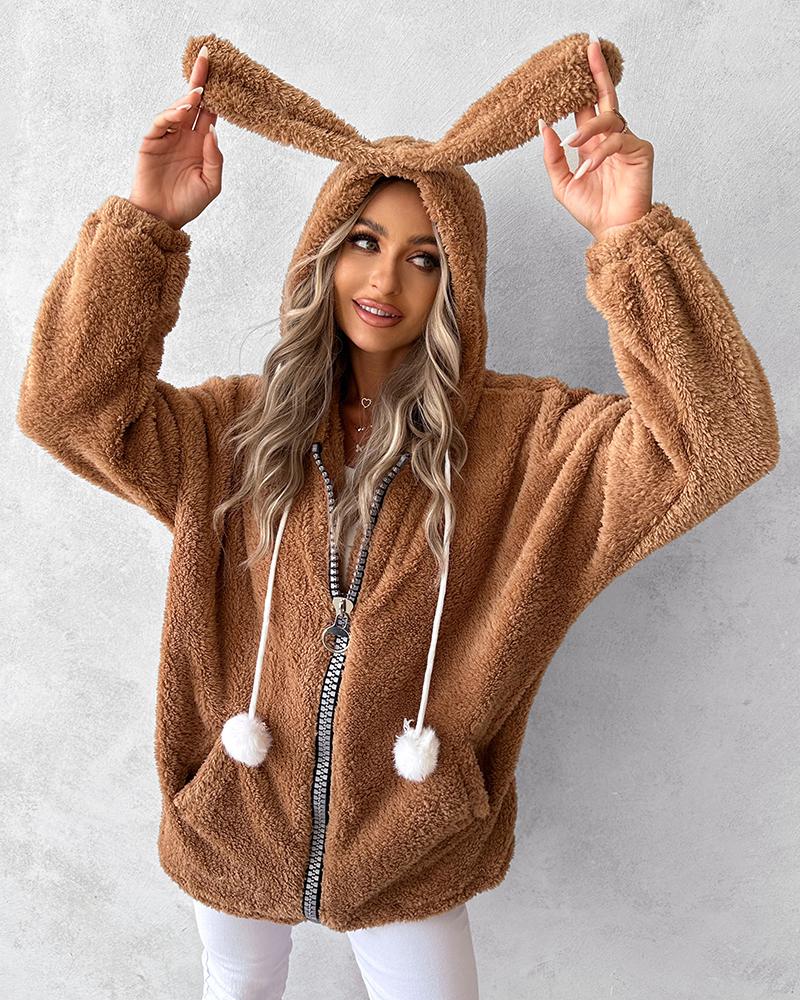 

Fluffy Puppy Hooded Zipper Design Coat, Khaki