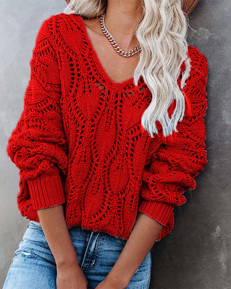 

Open Knit V-Neck Long Sleeve Sweater, Red