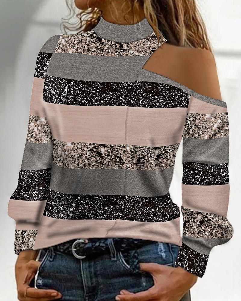 

Colorblock Striped Print Cold Shoulder Top, Multicolor
