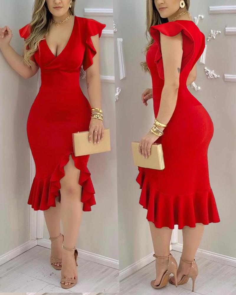 

Solid Flutter Sleeve Wrap V-Neck Ruffle Hem Split Mermaid Bodycon Dress, Red