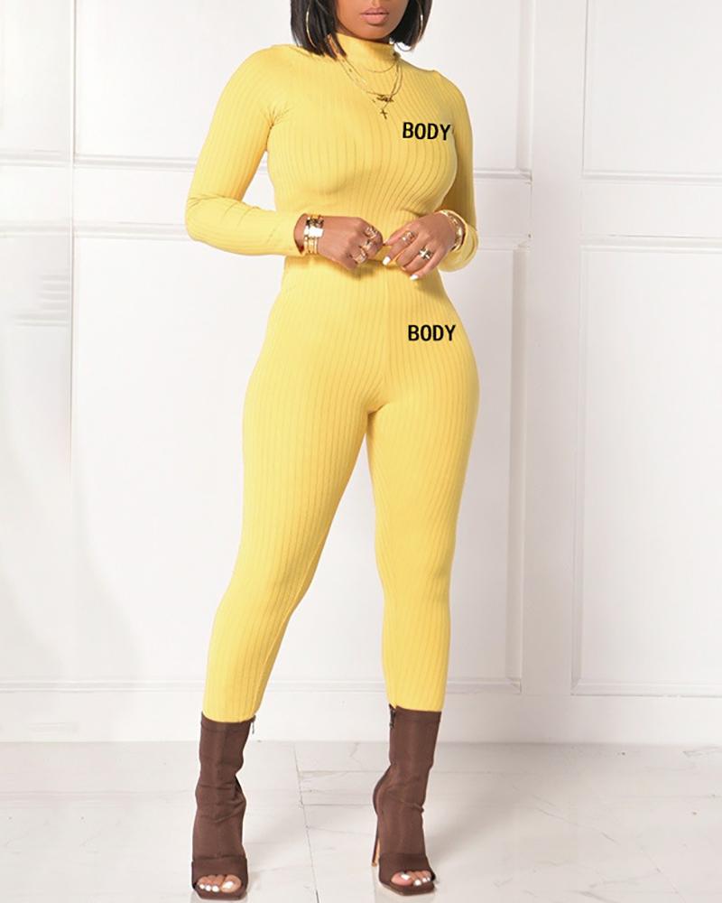 

Ribbed Letter Pattern Long Sleeve Top & High Waist Pants Set, Yellow