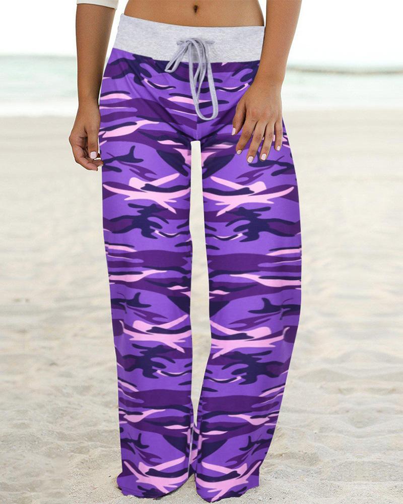 

Wide Leg Drawstring Camouflage Print Pants, Purple