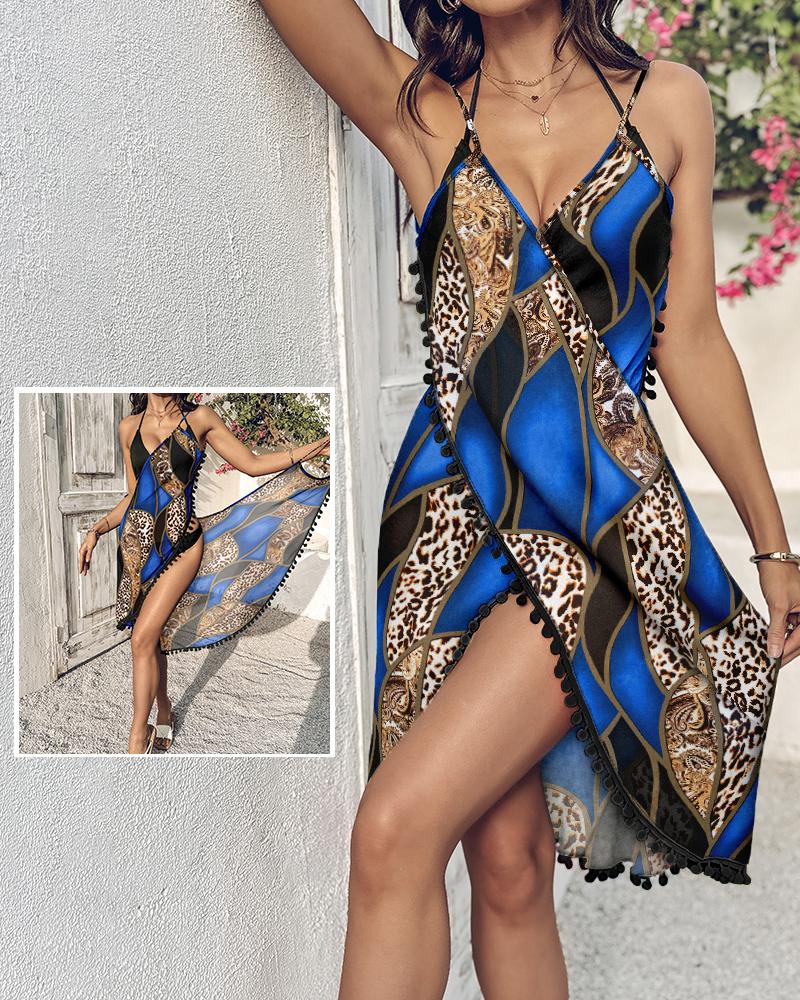 

Leopard Pattern Deep V Sleeveless Spaghetti Strap Midi Dress Pom Pom Decor Criss Cross Cover Up, Blue